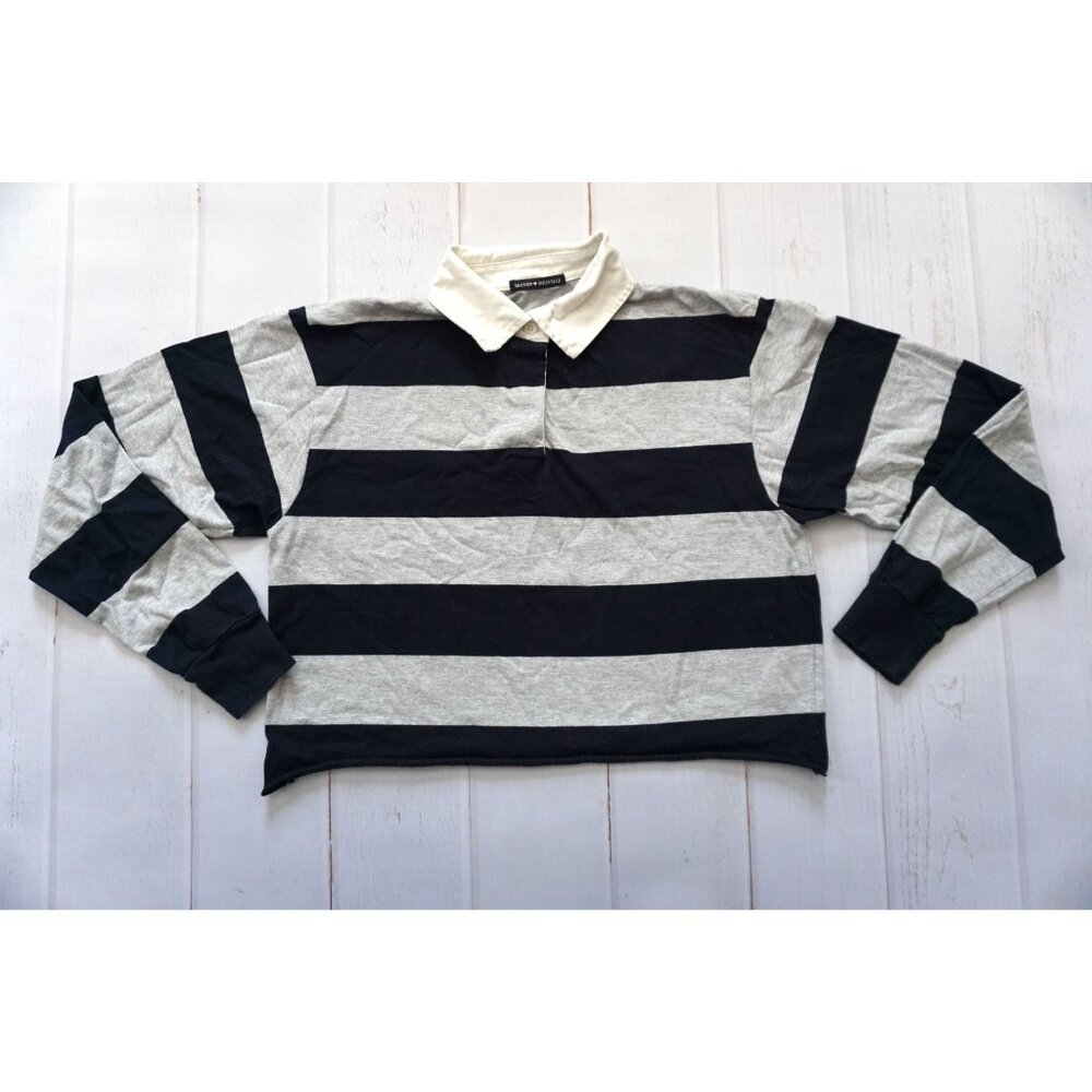 Brandy Melville Striped Rugby Long-Sleeve Polo Shirt Navy/ Gray - Size O/S - Picture 1 of 5
